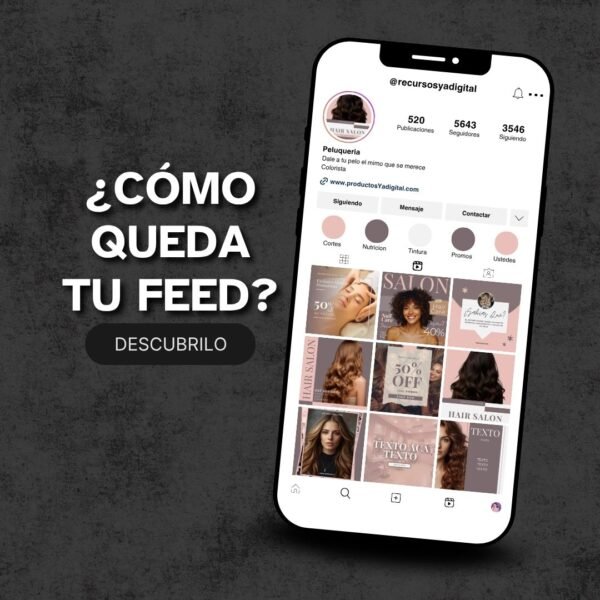 Mockup del kit de diseño Canva para peluquerías – ejemplos de publicaciones cuadradas para Instagram.