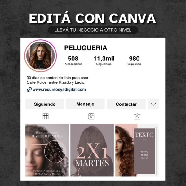 Mockup del kit Canva Peluquería mostrando plantillas editables y estética profesional de marca.