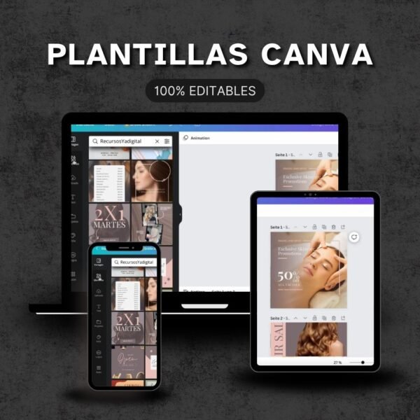 Mockup del kit de diseño Canva para peluquerías – ejemplos de publicaciones cuadradas para Instagram.