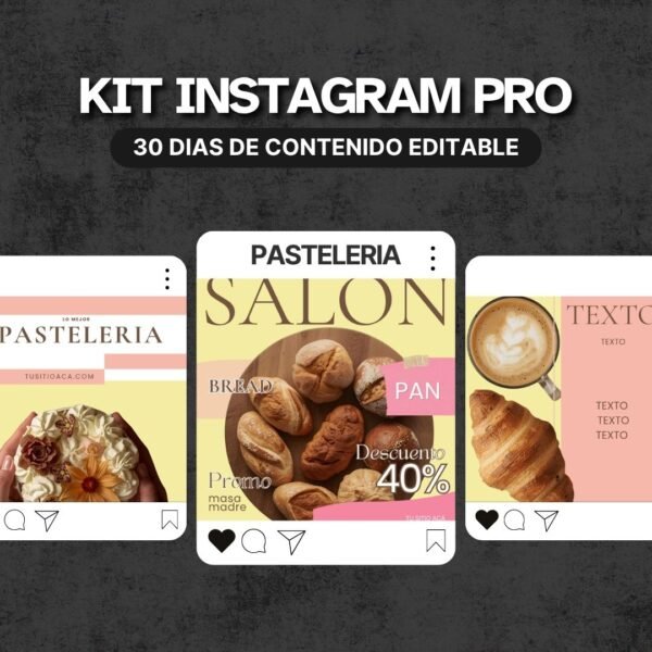 Muestra de publicaciones e historias del Kit Canva para pastelerías en colores pastel, ideales para redes sociales.