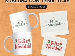 Ilustraciones de Papá Noel, reno, duende, galleta y muñeco de nieve en estilo moderno para sublimar tazas.