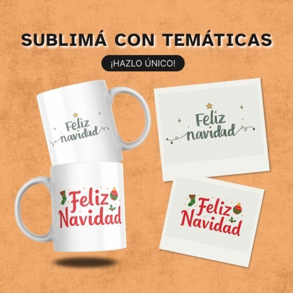 Ilustraciones de Papá Noel, reno, duende, galleta y muñeco de nieve en estilo moderno para sublimar tazas.