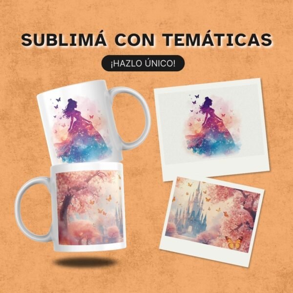 Taza sublimada con una variante del diseño de princesas del pack.