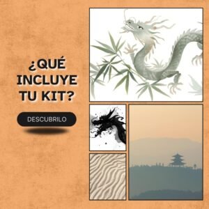 Mockup con diseño zen de dragón acompañado de pétalos de sakura en tonos suaves.