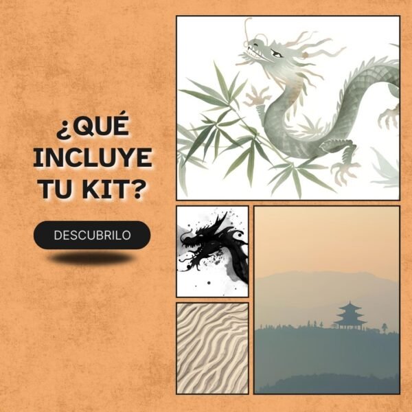 Mockup con diseño zen de dragón acompañado de pétalos de sakura en tonos suaves.