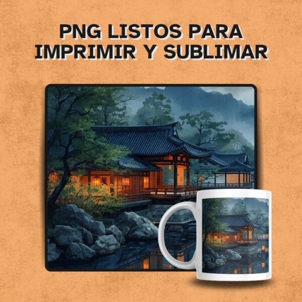 Mockup que muestra un diseño minimalista de Paisaje oriental en tonos neutros estilo zen.