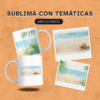 Diseño de sublimación inspirado en paisajes de playa aplicado en taza