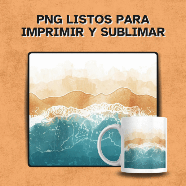 Diseño full wrap de playa con ilustración panorámica contemporánea, formas simplificadas y degradados suaves para sublimación premium.