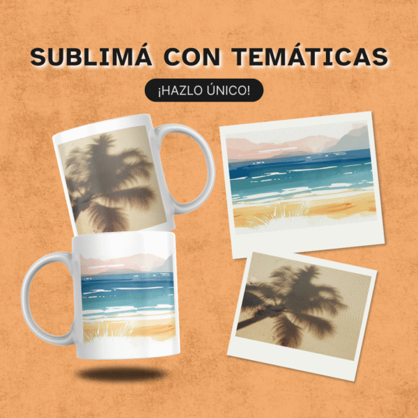 Taza personalizada con ilustración de paisaje marino moderno, composición limpia y transiciones suaves de color en estilo minimal.